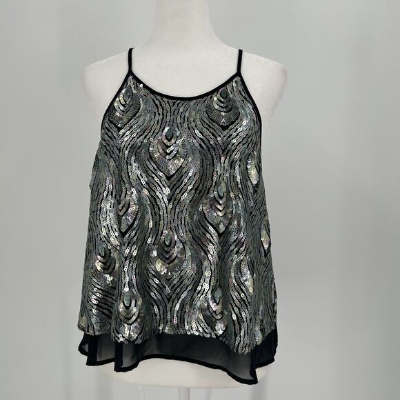 ASTR Peacock Feather Sequin Tank Top S Black Open Back Evening Cocktail Blouse - Picture 1 of 11